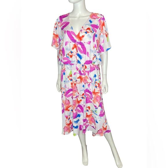 DKNY Women’s Smocked Pullover Hi Lo Hem Printed Flutter Sleeve Midi Dress Sz 18W - Picture 2 of 9